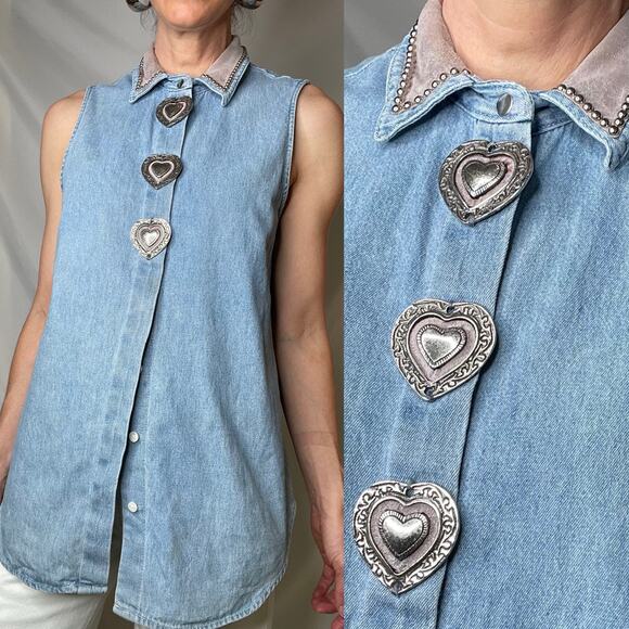 Cache Tops - Cache vintage 90s metal heart adorned studded denim top jean blouse sleeveless M